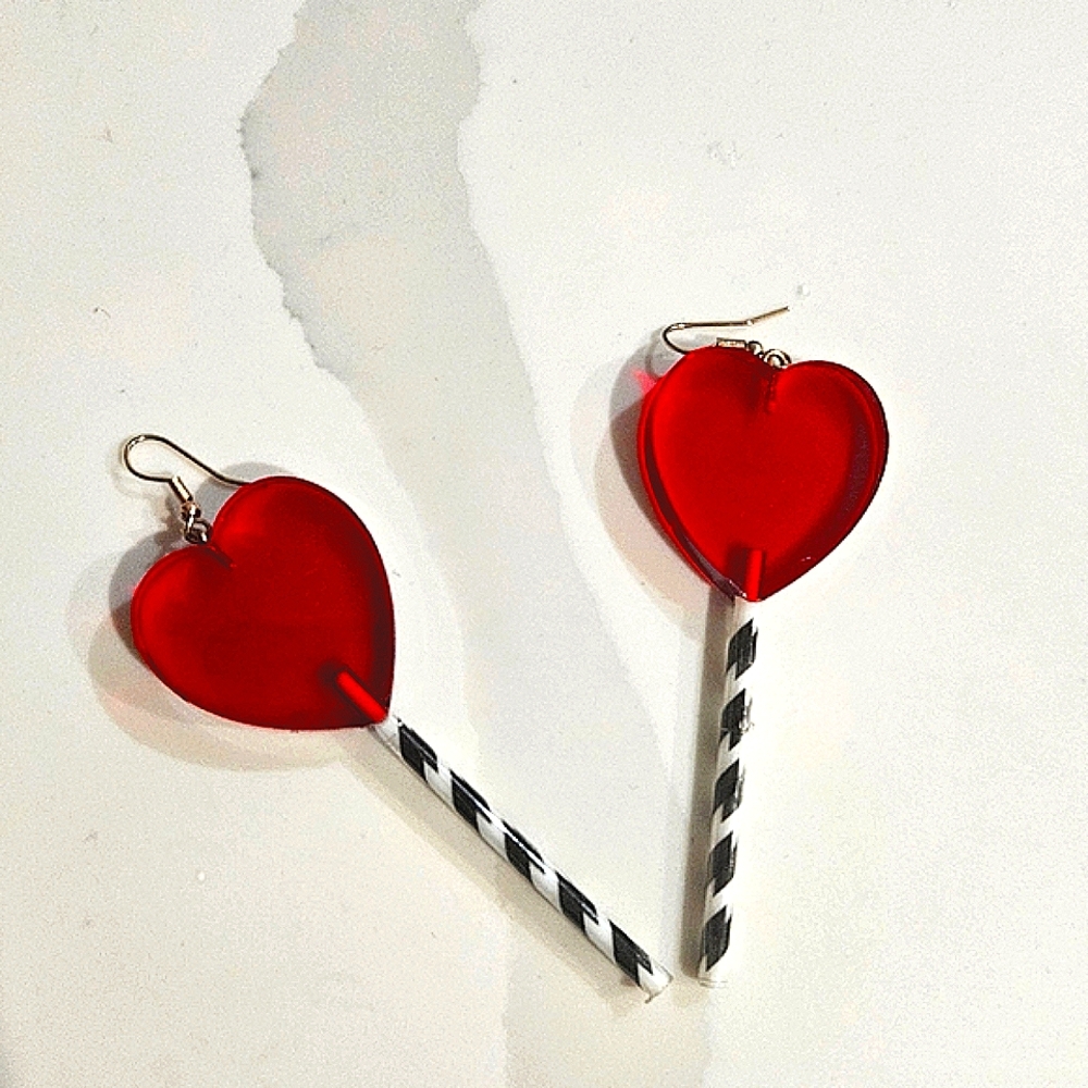 Red Heart Lollipop Earrings Clown Earrings Costume Earrings Harely Quinn